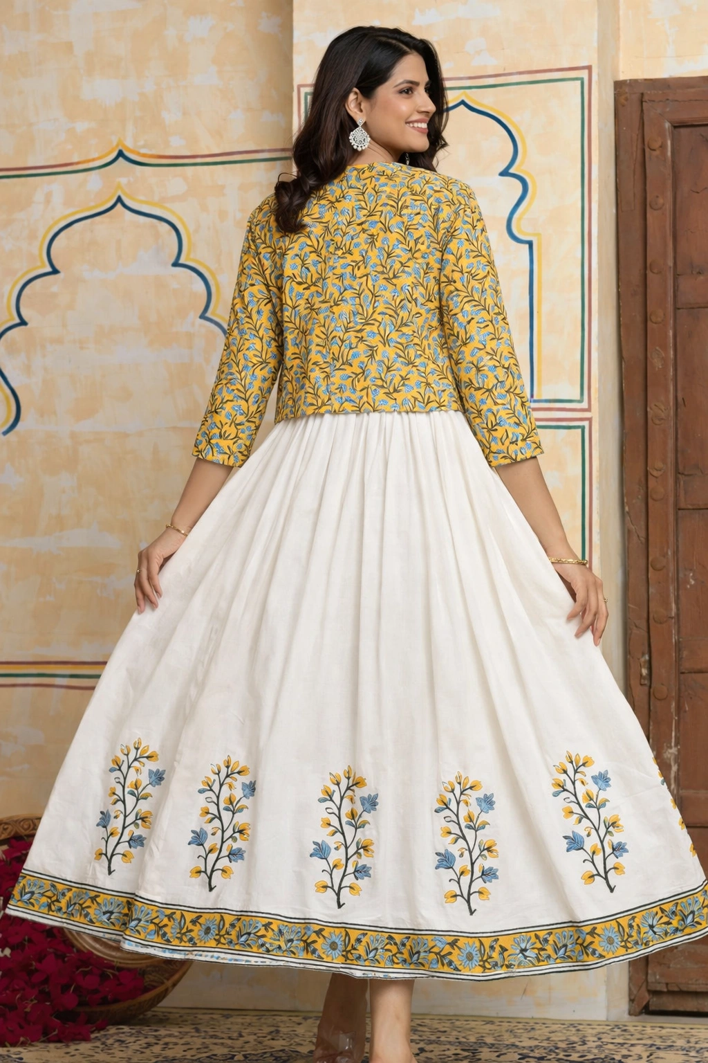Beautifully design Ivory Floral Printed Anarkali Gown with Mustard Jacket - Image 4