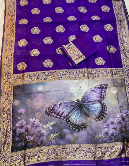 Purple Butterfly Printed Saree with Gold Border
