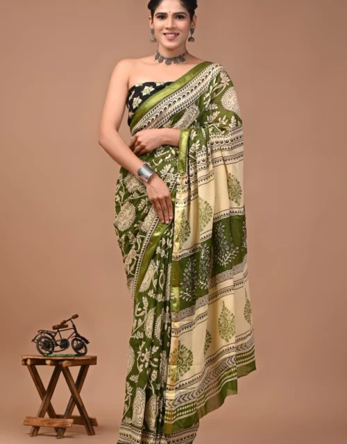 Soft Cotton Zari Sarees - Olive green with light cream floral