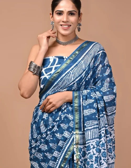 Soft Cotton Zari Sarees - Indigo Blue