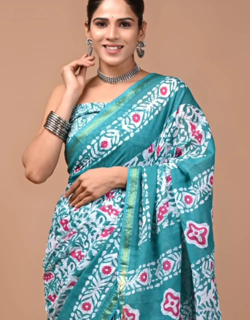 Soft Cotton Zari Sarees - Blue Turquoise