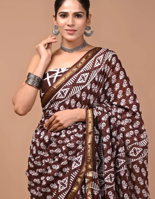 Soft Cotton Zari Sarees - Chocolate Brown