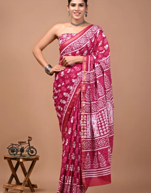 Soft Cotton Zari Sarees - Magenta