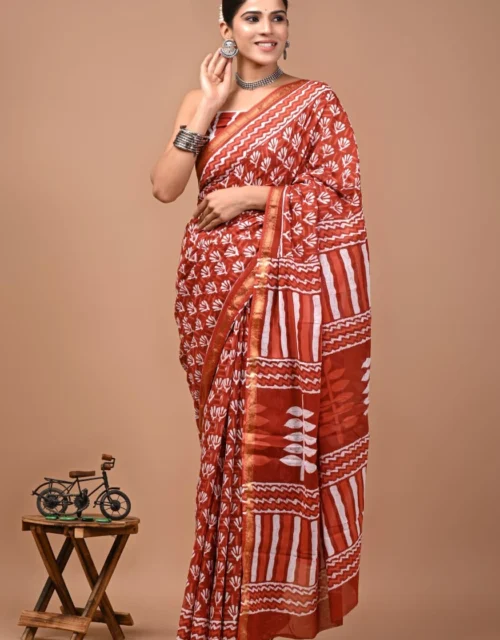 Soft Cotton Zari Sarees - Rust Orange