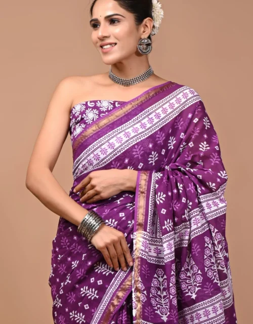 Soft Cotton Zari Sarees - Deep Violet