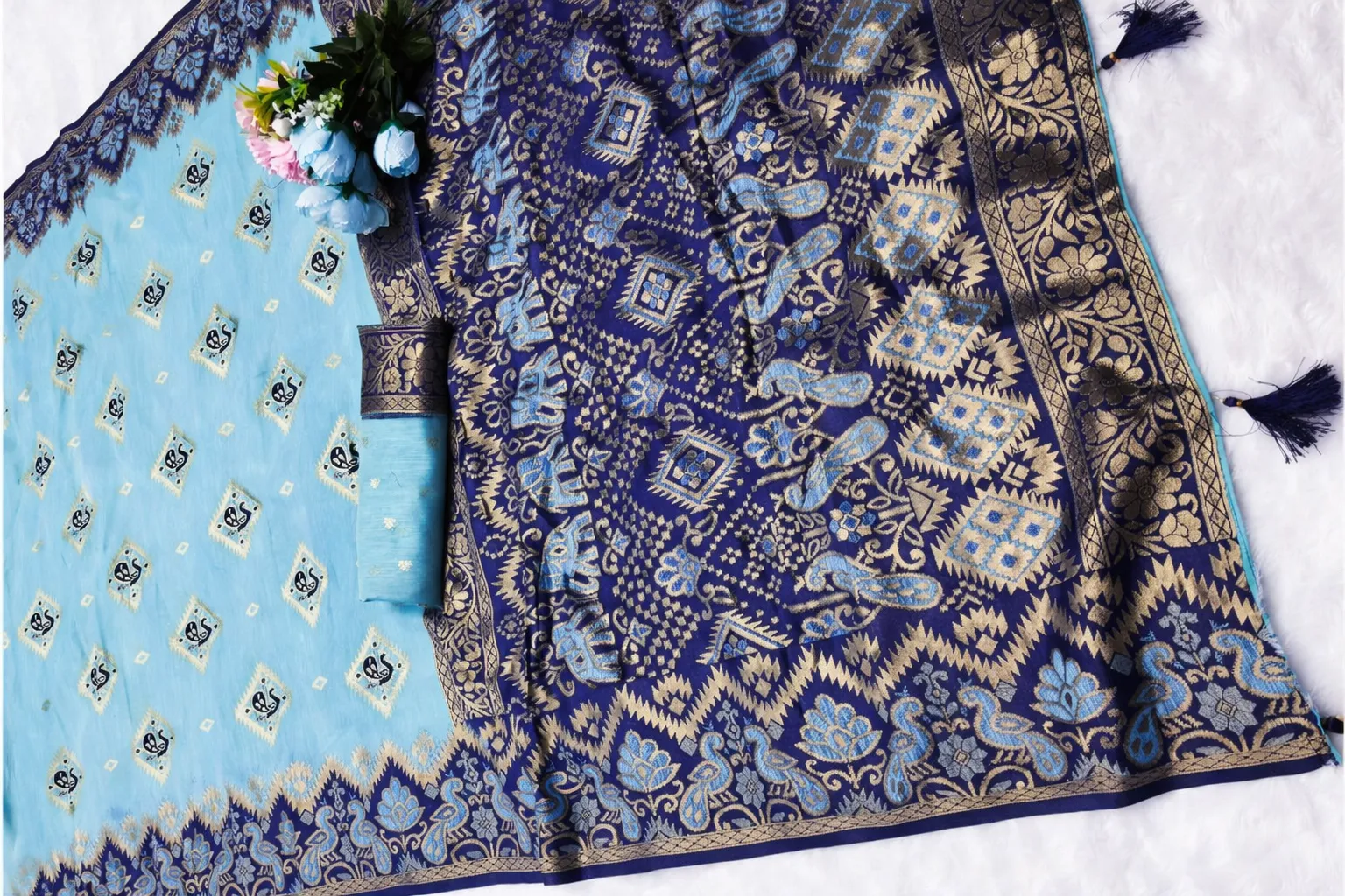 Elegant Sky Blue & Royal Navy Cotton Silk Saree with Beautiful Contrast Peacock Border and tassels - Image 3