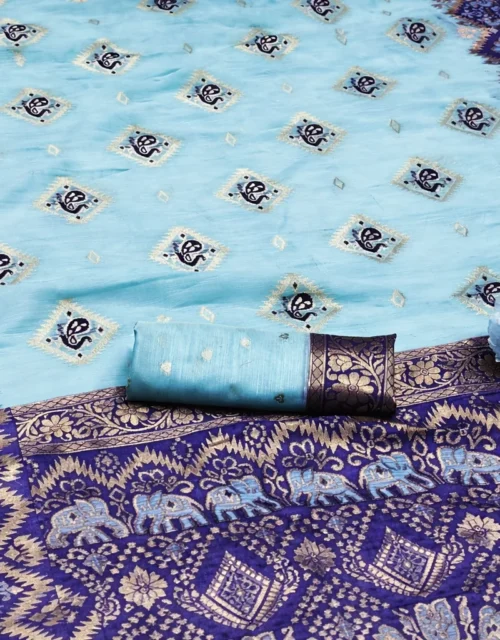 Elegant Sky Blue & Royal Navy Cotton Silk Saree with Beautiful Contrast Peacock Border and tassels