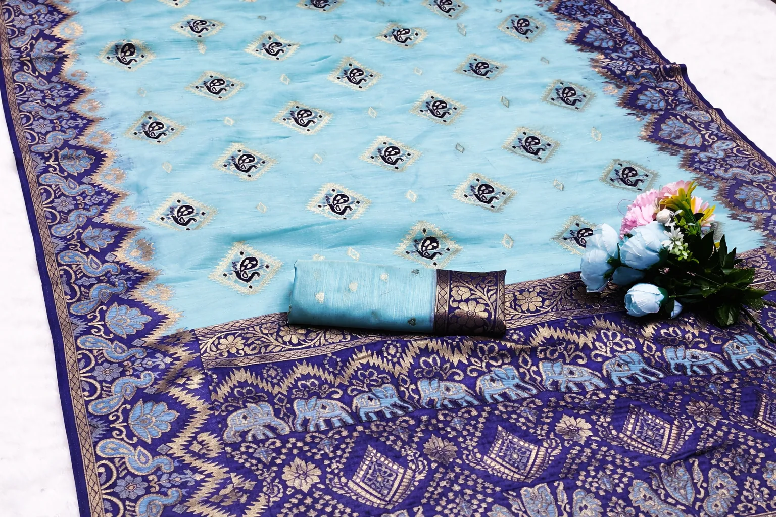 Elegant Sky Blue & Royal Navy Cotton Silk Saree with Beautiful Contrast Peacock Border and tassels