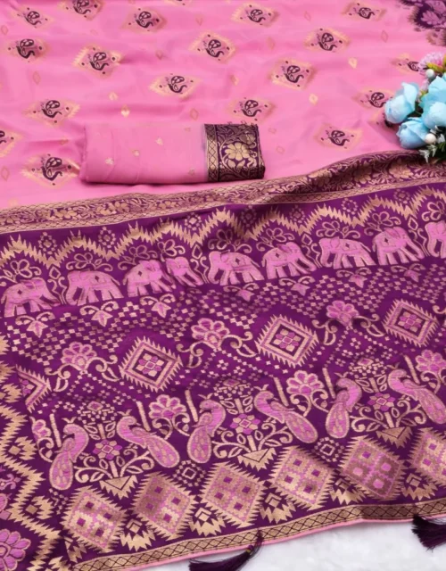 Rose Pink & Royal Plum Cotton Silk Saree with Beautiful Contrast Peacock Border and tassels