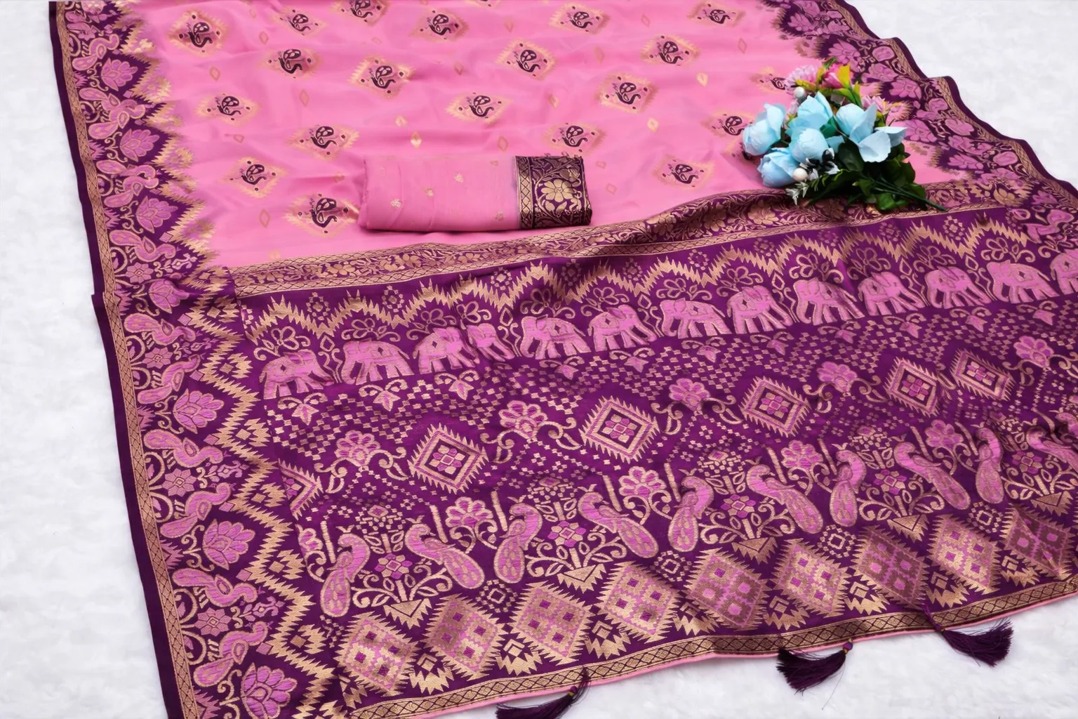 Rose Pink & Royal Plum Cotton Silk Saree with Beautiful Contrast Peacock Border and tassels