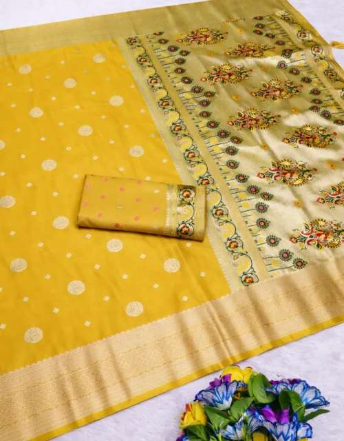 Sunshine Yellow Paithani Satin Silk Saree with heavy rich Pallu design