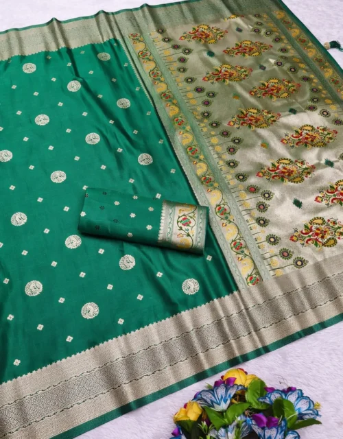 Emerald Green Paithani Satin Silk Saree with heavy rich Pallu design