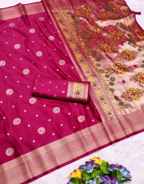 Royal Magenta Paithani Satin Silk Saree with heavy rich Pallu design