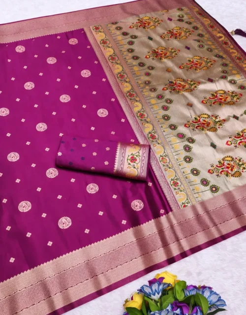 Regal Magenta Paithani Satin Silk Saree with heavy rich Pallu design