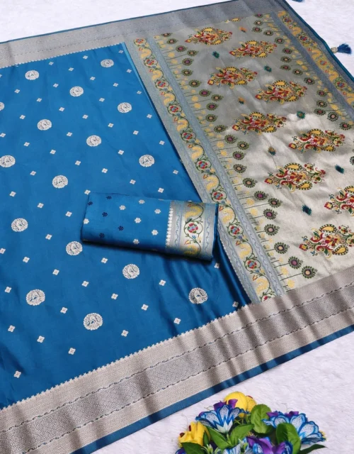 Royal Teal Blue Paithani Satin Silk Saree with heavy rich Pallu design