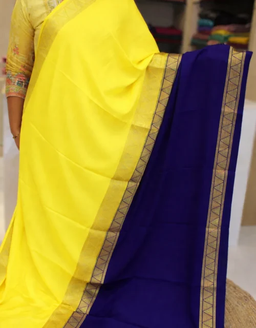 Semi Mysore Crepe Silk Half & Half Saree – Lemon Yellow & Royal Navy Blue
