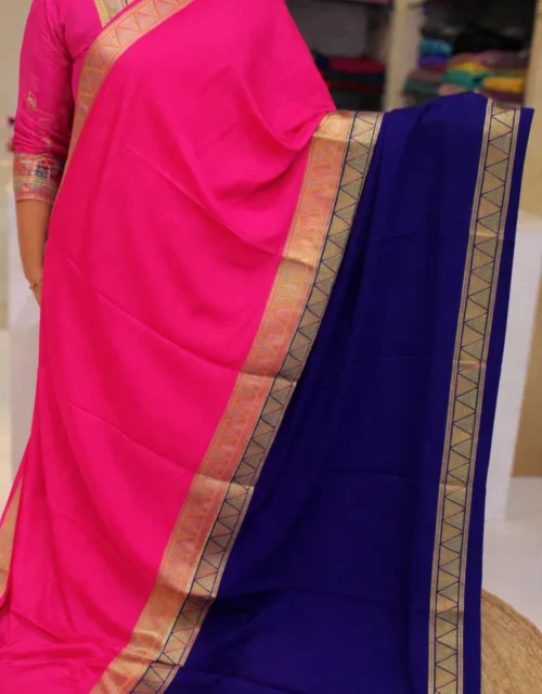 Semi Mysore Crepe Silk Half & Half Saree – Bright Pink & Royal Navy Blue