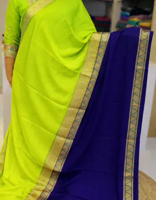 Semi Mysore Crepe Silk Half & Half Saree – Parrot Green & Royal Navy Blue