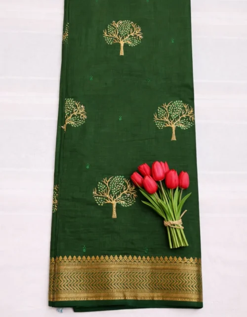 Deep Forest Green Tussar Soft Saree with Gold Tree Motifs & Zari Border With Blouse