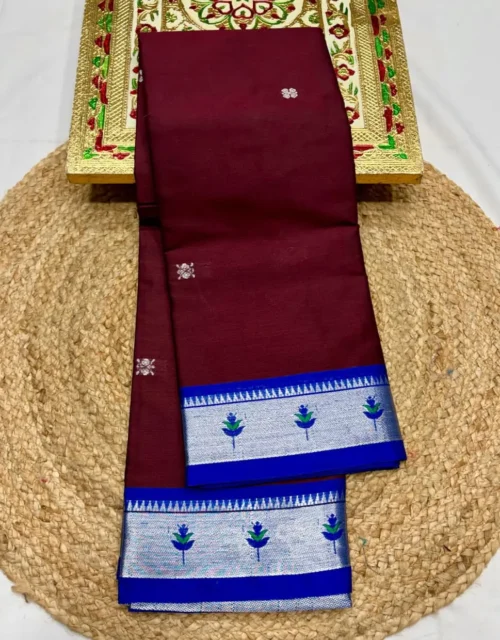 Wine & Purple Dual-Tone Soft Silk Mix Paithani Saree with Blue Contrast Border