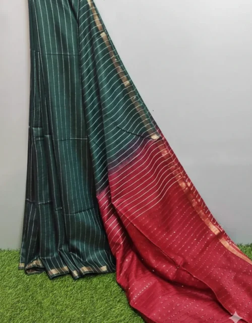 Kota Slub Sequence with Zari all over Saree - Deep Bottle Green with Maroon Pallu