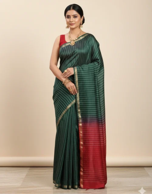 Kota Slub Sequence with Zari all over Saree - Deep Bottle Green with Maroon Pallu
