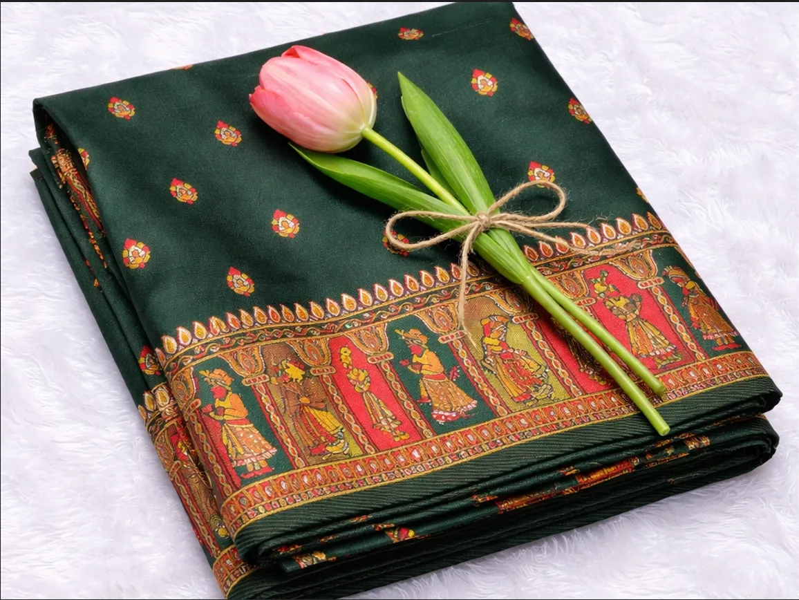 Emerald Green Heritage Print Kota Silk Saree with Royal Folk Border & Grand Pallu