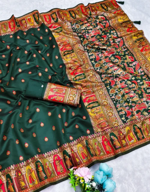 Emerald Green Heritage Print Kota Silk Saree with Royal Folk Border & Grand Pallu