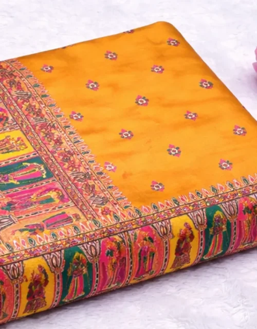 Mustard Yellow Heritage Print Saree with Vibrant Temple Border & Ornate Pallu