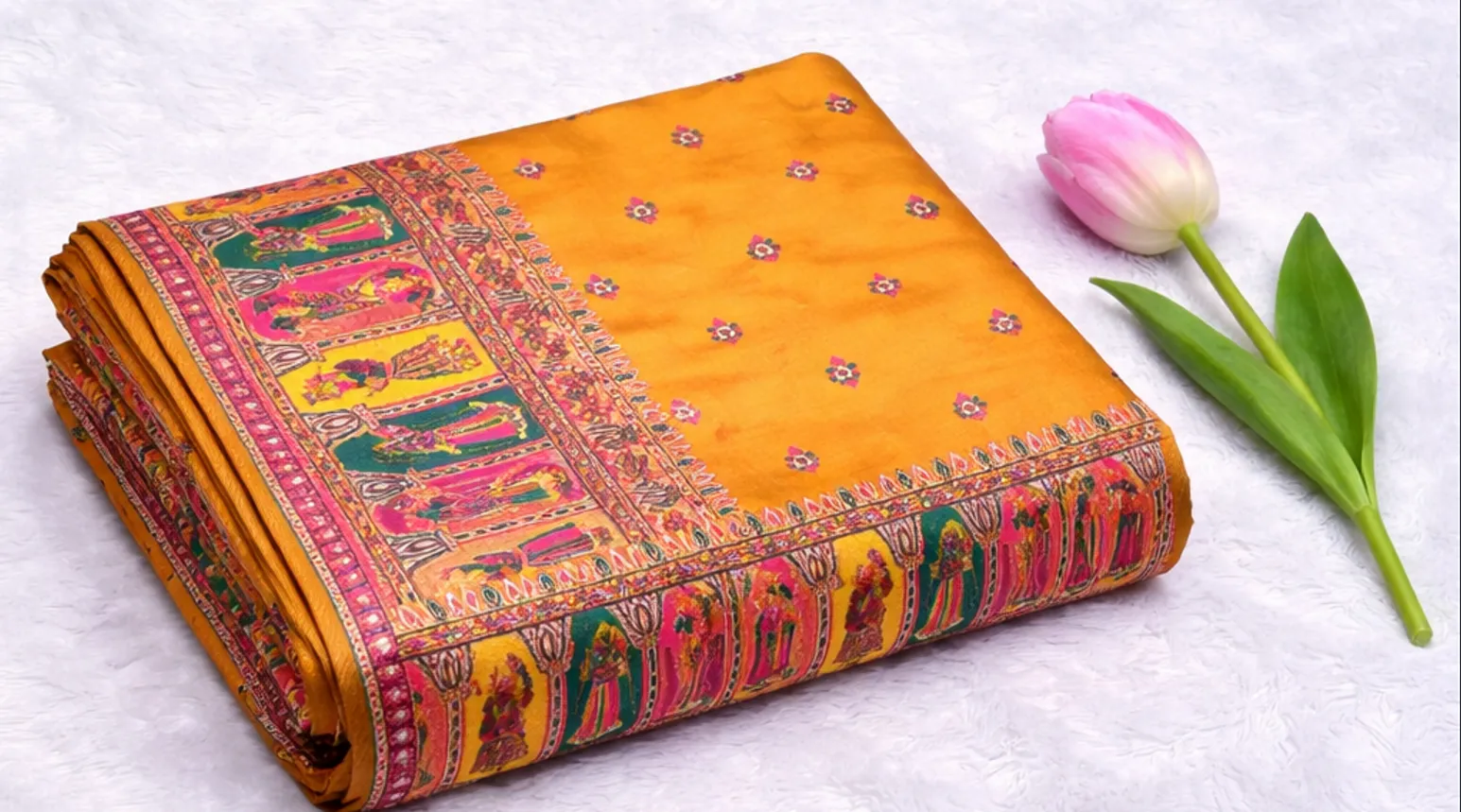 Mustard Yellow Heritage Print Saree with Vibrant Temple Border & Ornate Pallu