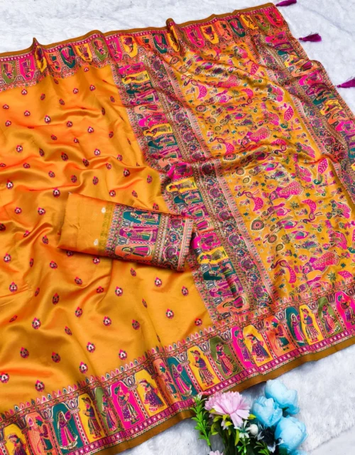 Mustard Yellow Heritage Print Saree with Vibrant Temple Border & Ornate Pallu