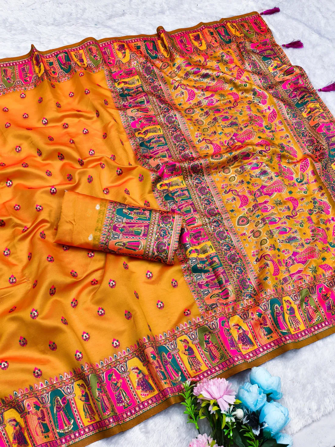Mustard Yellow Heritage Print Saree with Vibrant Temple Border & Ornate Pallu - Image 3