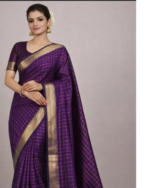 Deep Purple Silk Saree with Gold Zari Grid Weave & Traditional Border