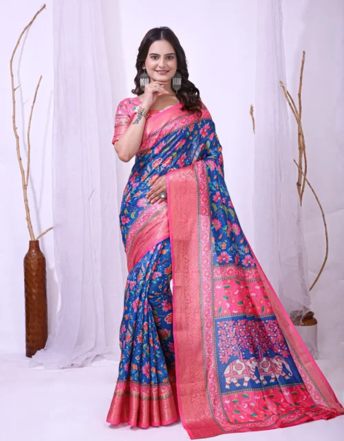 Dark Blue Floral Printed Soft Dola Cotton Saree with Pink Contrast Border