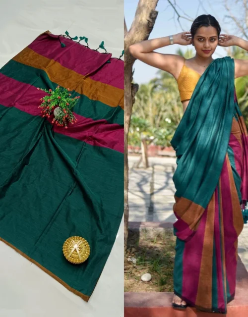 Multi-Color Handloom Cotton Saree - Dark Green