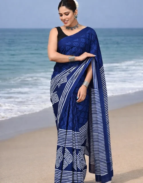 Bagru Block Print Cotton MulMul Sarees with Blouse - Indigo Blue
