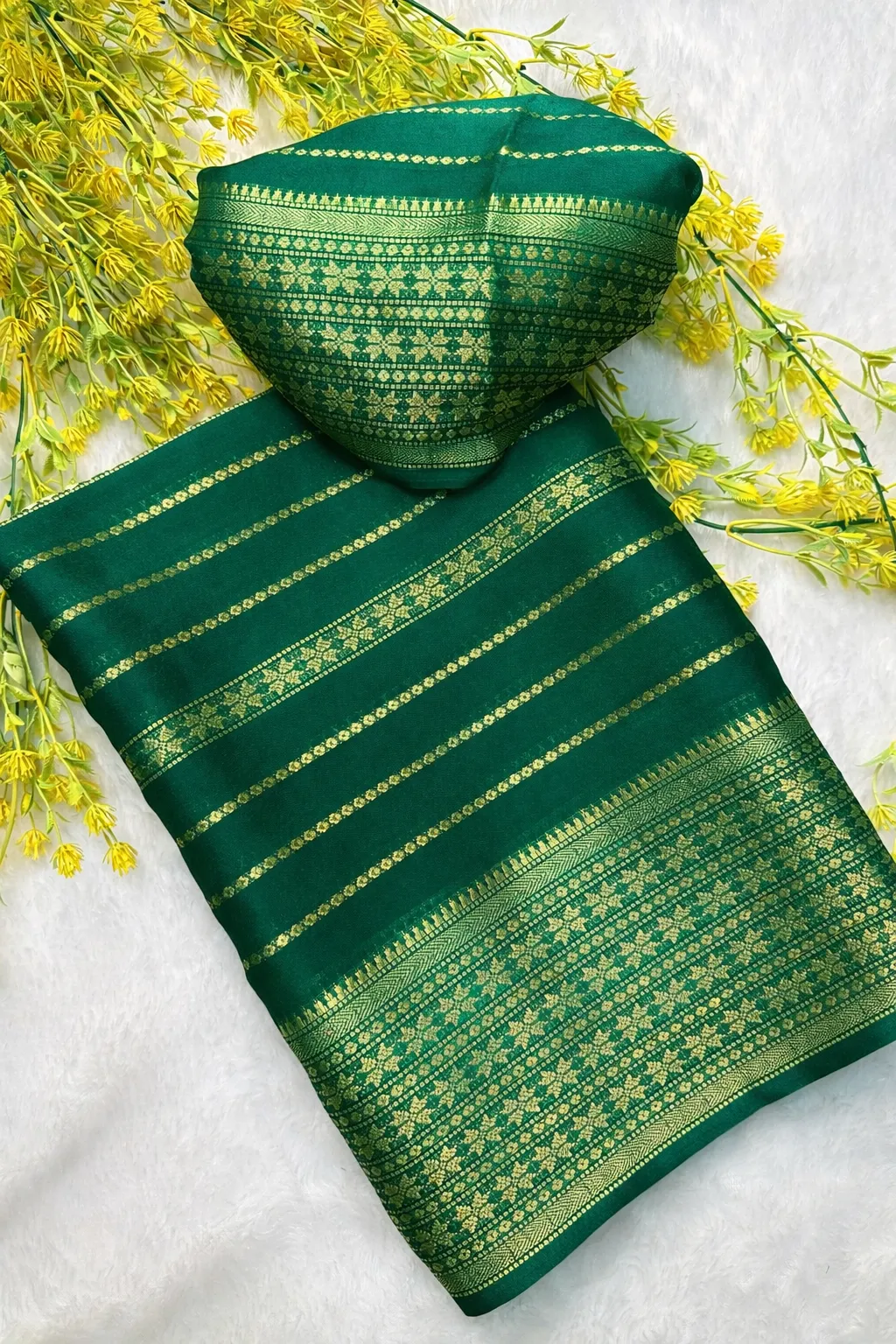 Premium Creap Silk Saree - Bottle Green