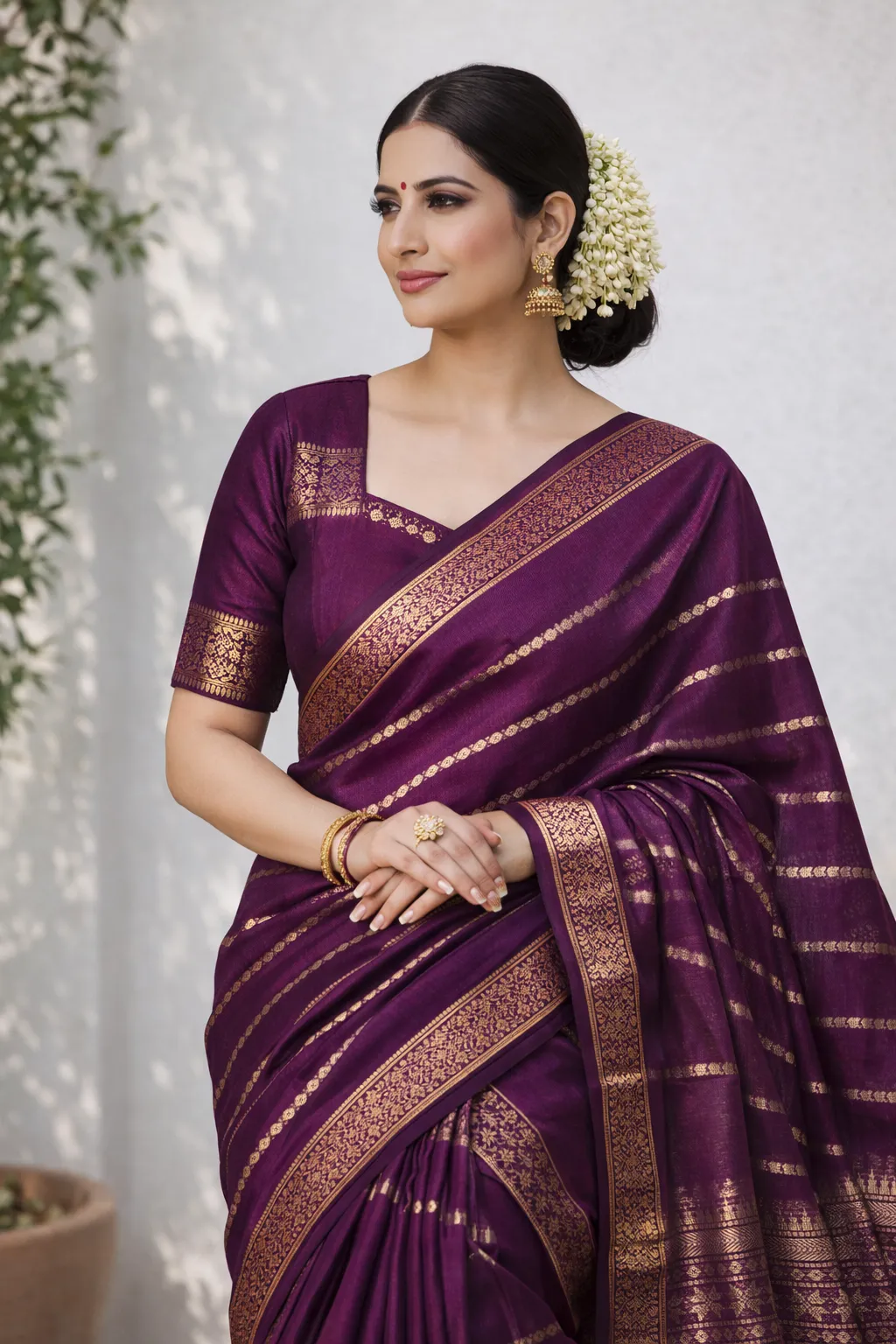 Premium Creap Silk Saree - Deep Purple - Image 3