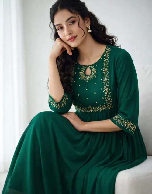 Emerald Green Embroidered Georgette Gown with Lining