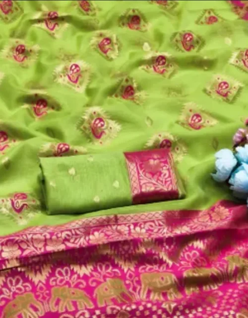 Parrot Green & Rani Pink Cotton Silk Saree with Beautiful Contrast Peacock Border and tassels