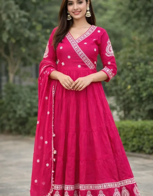 Fuchsia Pink Embroidered Anarkali Kurti Set with Dupatta