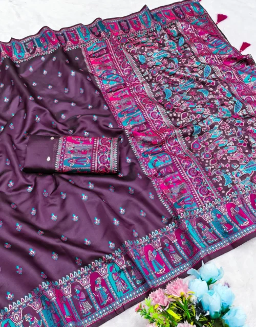 Royal Plum Heritage Print Kota Silk Saree with Vibrant Folk Border & Ornate Pallu