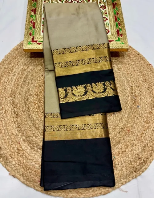 Olive Grey Soft Silk Paithani Saree with Black Contrast Border