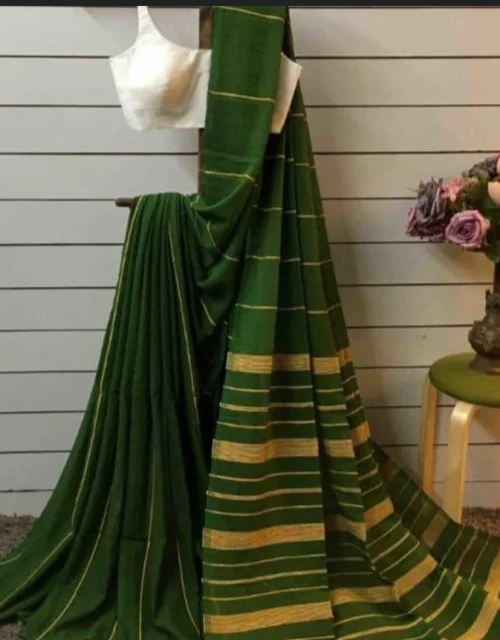 Khadi Cotton Color Bar Saree - Bottle Green
