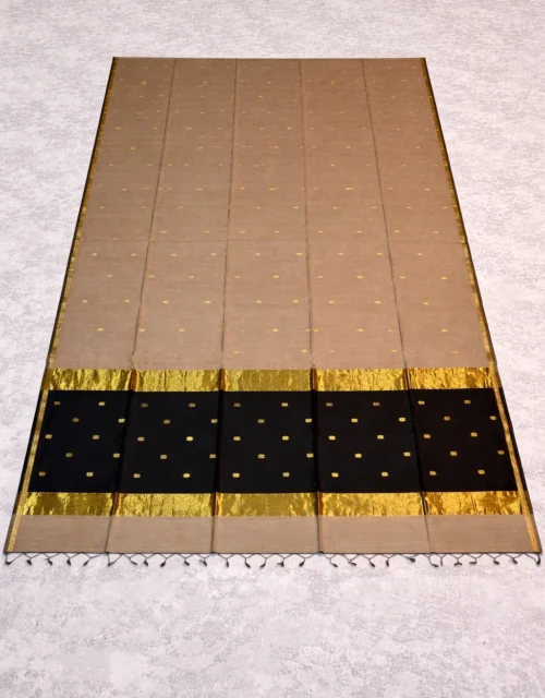Handloom Maheshwari Cotton Silk Sarees - Beige with Black Pallu