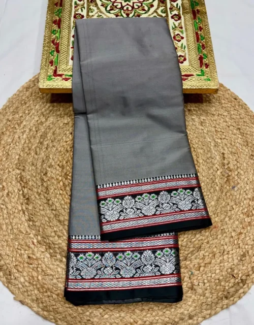 Classic Grey Soft Silk Paithani Saree with Black Contrast Border