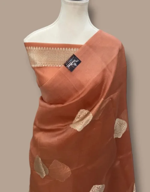 Rust Peach Banarasi Soft Kora Silk Saree with Gold Zari Buti & Woven Border