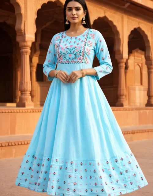 Sky Blue Floral Embroidered Anarkali Gown