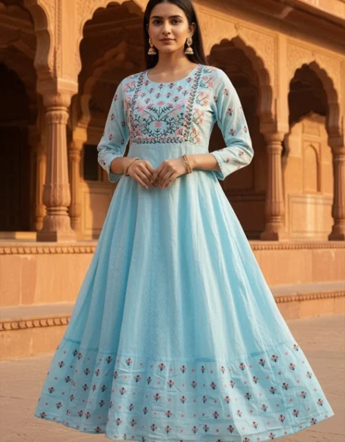 Sky Blue Floral Embroidered Anarkali Gown