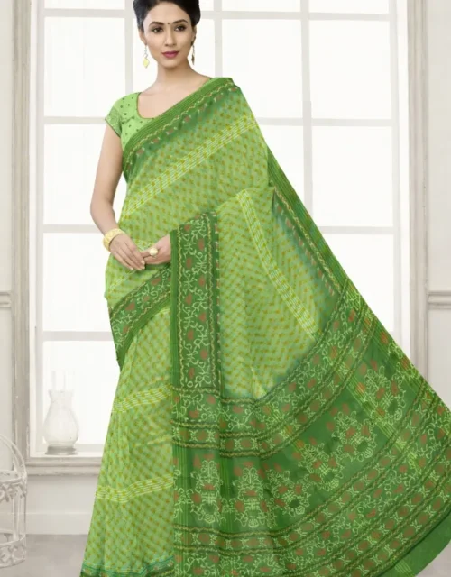 Printed Mul Mul Cotton Saree with Blouse - Pista Green & Dark Green